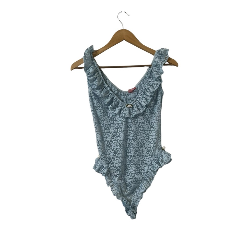 SUGAR THRILLZ Lace Blue Ruffle Rose Embroidered Teddy Bodysuit Top